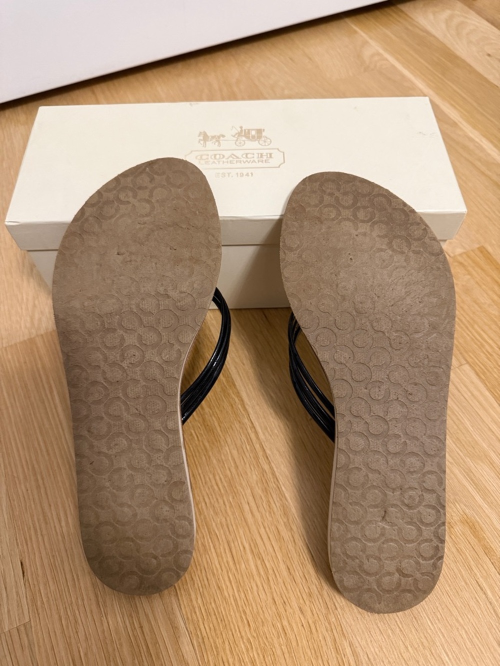 Coach Brown Logo Print Flip Flop Sandals with Black Glossy Straps and Gold Charm - Picture 5 of 5